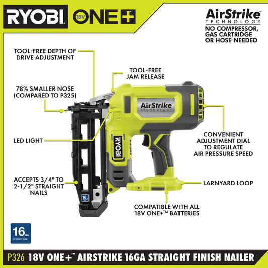 RYOBI 18V ONE+ AIRSTRIKE 16GA Finish Nailer