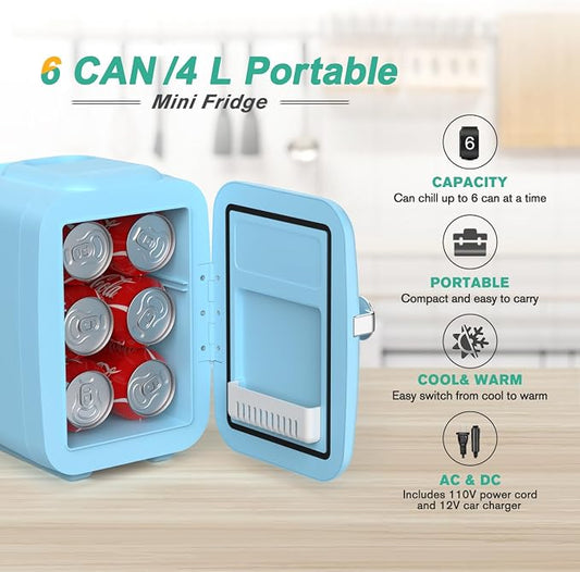 CROWNFUL Mini Fridge – 4 Liter / 6 Can Portable Cooler & Warmer