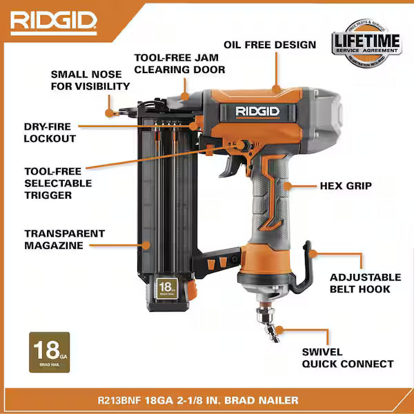 RIDGID Pneumatic 18-Gauge 2-1/8 in. Brad Nailer with CLEAN DRIVE Technology & Tool Bag
